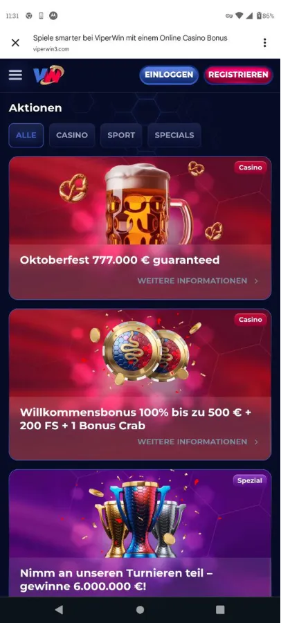 Viper Win Aktionen und Boni